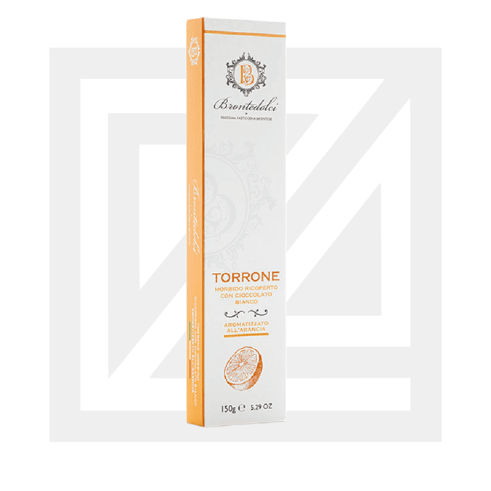 Torrone morbido ricoperto con cioccolato bianco aromatizzato all’arancia
